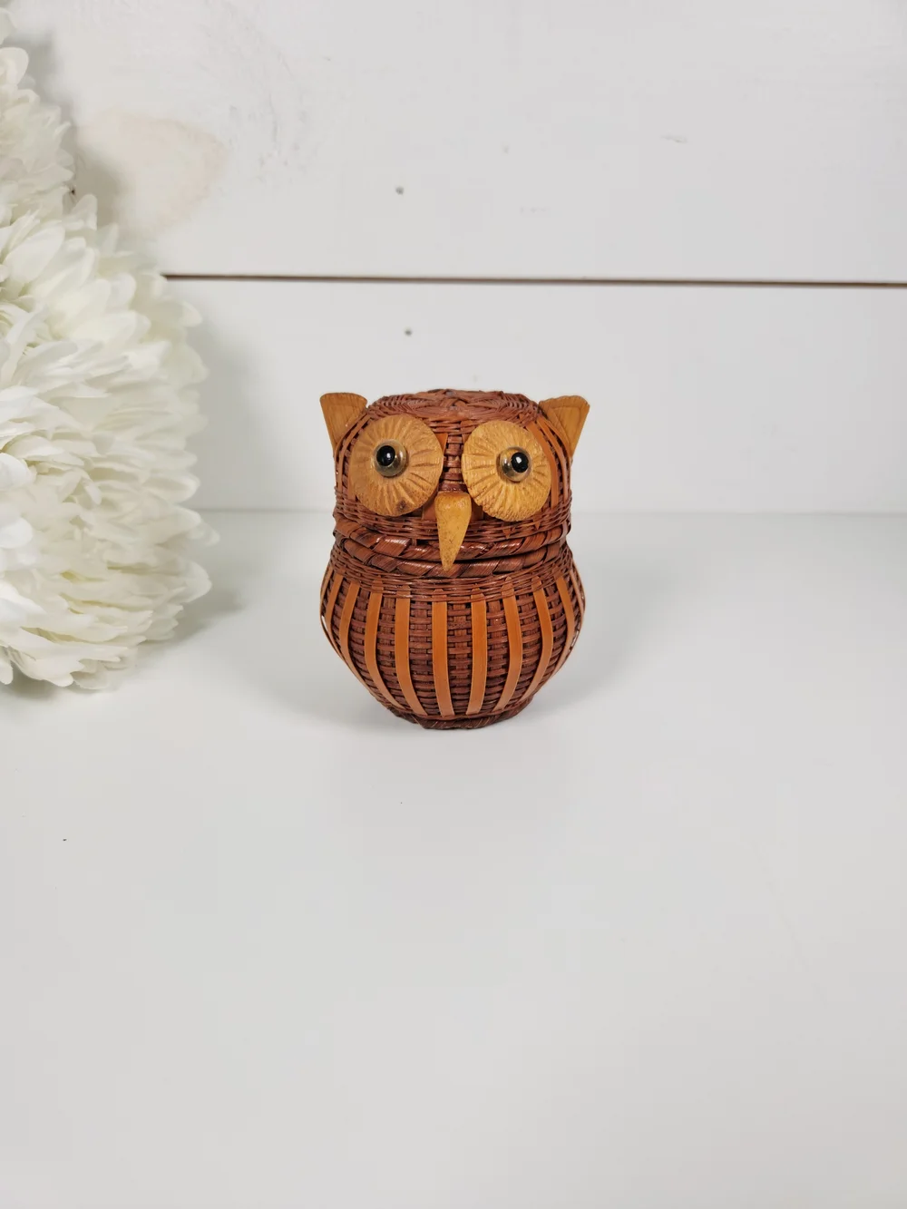 Vintage Wicker Owl Lidded Basket | Mid Century Owl Trinket Box